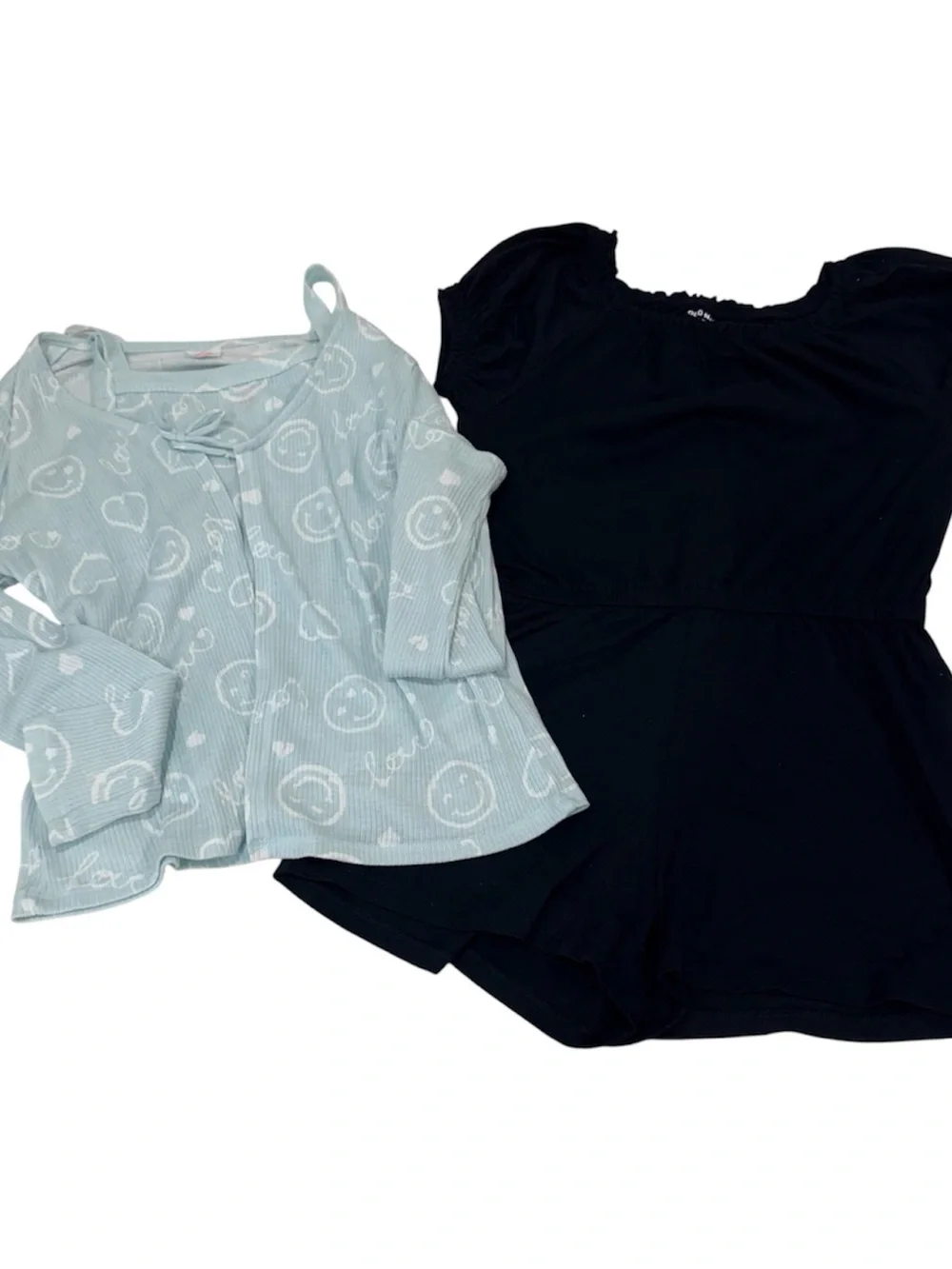Old Navy wonder nation Black Romper Light Blue Smiley Cardigan/top size 10-12
